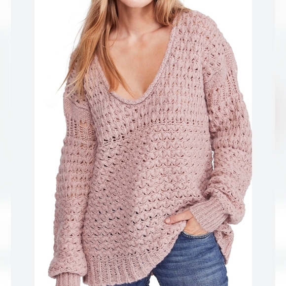Free People Crashing Waves Pullover Sweater Blush Rose Pink Open Knit Wool M - Picture 10 of 10